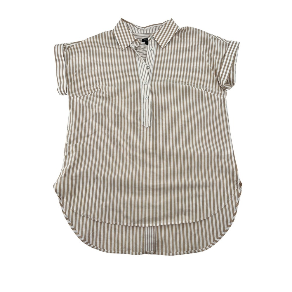 Talbots Womens Small Tan White Striped Short Sleeve Button Back Popover Blouse